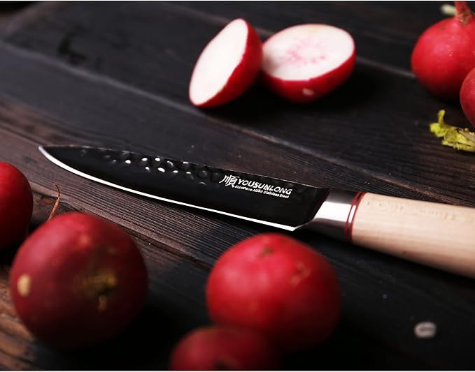 YOUSUNLONG Kitchen Utility Knife 5 Inch - Paring Fruit Knife Sharp Blade - AUS8 Black Titanium Nitride Coating HRC Steel - Natural Canadian Maple Wood Handle