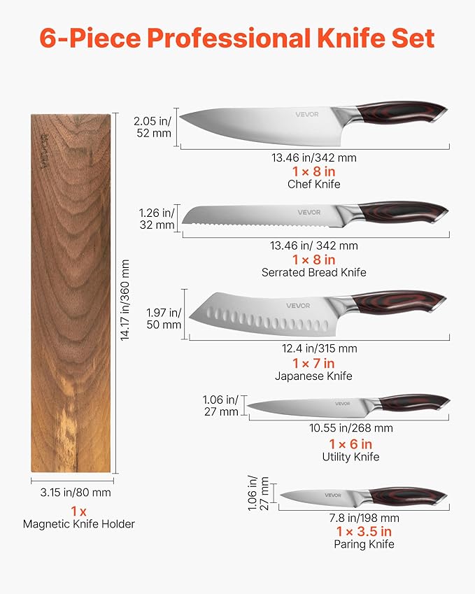 VEVOR Kitchen Knife Set, 6 Piece High Carbon Stainless Steel Sharp Knife Set, Professional Kitchen Cutlery with Ergonomic Crack-Resistant Handle, and Walnut Finish Powerful Magnetic Knives Holder
