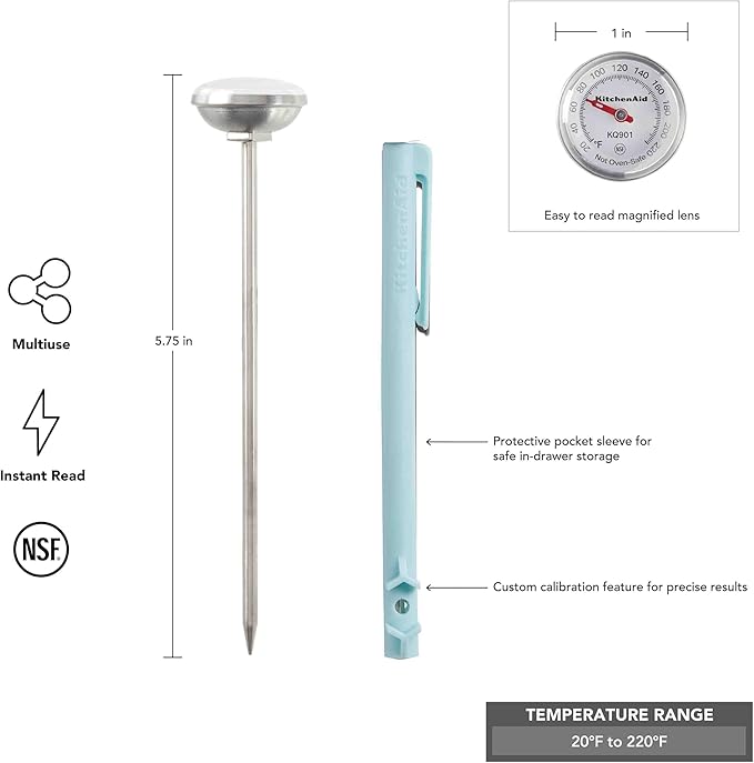 KitchenAid KQ901 Instant Read Food Thermometer for Kitchen or Grill, Temperature Range: 20F to 220F, 1 inch dial, Mineral Water Storage Sleeve