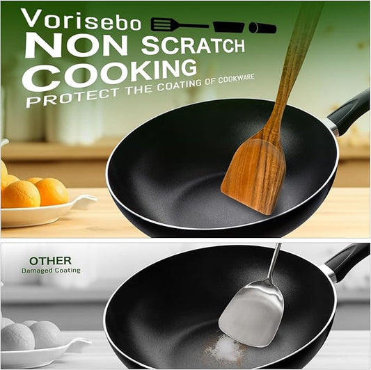Wooden Spoons for Cooking, Natural Teak Wooden Utensils Set, 10 Piece Handmade Wood Kitchen Utensil Set with Holder and Spoon, Durable Nonstick Kitchen Cookware Tool