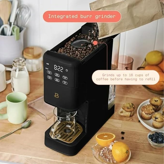 Beautiful Perfect Grind Programmable Single Serve Coffee Maker, Burr Grinder, 64 oz Reservoir, 6 Brew Sizes by Drew Barrymore (Black Sesame)