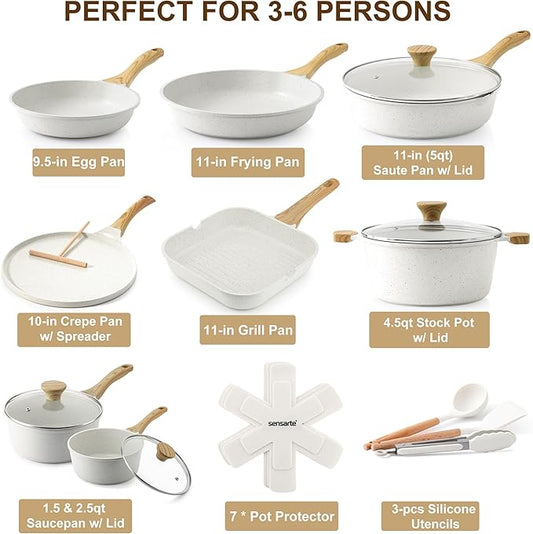 SENSARTE Nonstick Ceramic Cookware Set 23-Piece, Healthy Pots and Pans Set, Non-toxic Kitchen Cooking Set with Stay-Cool Handles, Silicone Utensils and Pot Protectors, PFAS & PFOA Free