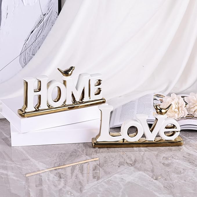 Love Sign Decor,White and Gold Room Decor Aesthetic, Knick Knack Shelf,Gold Bird Decor, Boho Bookshelf ,Abstract Gold Statue ,For Living Room,Bedroom, Contemporary Tv Stand set of 2 (2, White)