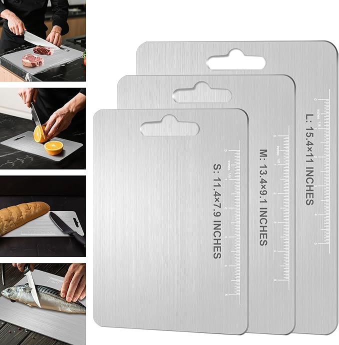 Titanium Cutting Board - 100% Pure Titanium Metal Cutting Board for Kitchen, Non Toxic Chopping Board Set, Double-Sided for Meat, Fruit, Vegetables, Dishwasher Safe (Set (S+M+L))