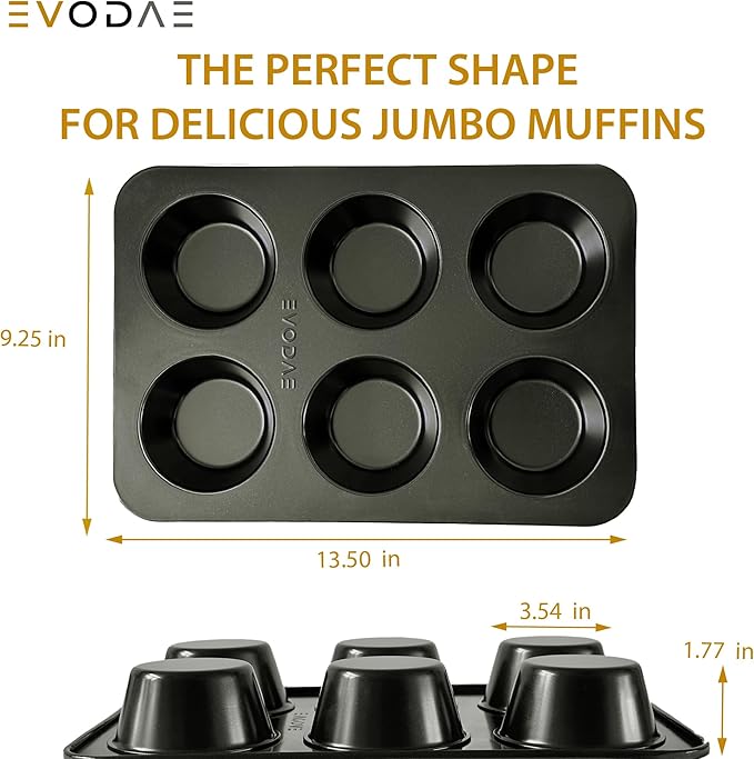 EVODAE® Nonstick Jumbo Muffin Pan – 2 Pack Large Muffin Pans, 12-Cup (2×6) Capacity, Large Cupcake Pan & Jumbo Muffin Tin – Pro-Grade Bakeware, Heavy Duty – PFOA & PTFE Free, No Liners Needed
