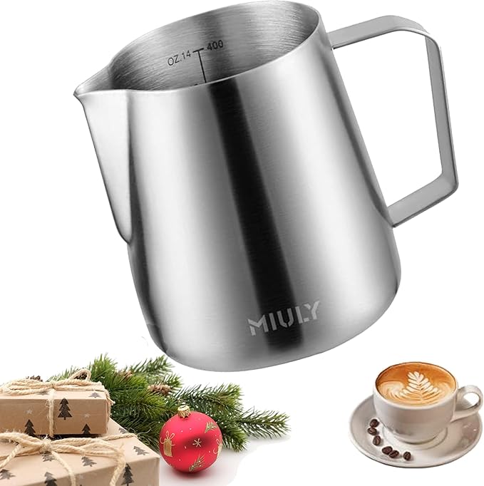 Miuly Milk Frothing Jug Small, 14oz/420ml Milk Frother Cup 304 Stainless Steel Steaming Pitcher With Internal Scale, Espresso Accessories, Frother Pitcher For Espresso Machine Cappuccino Latte Art