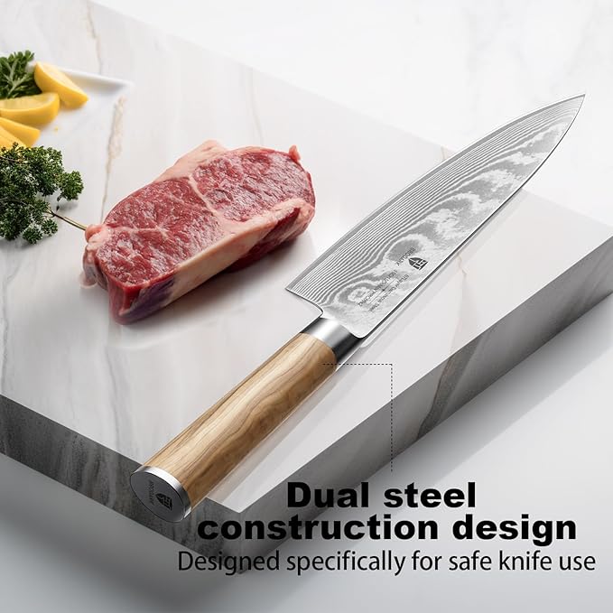 Damascus Chef Knife 8 Inch:Japanese Kitchen Knife with VG10 Steel Core,Ultra Sharp Professional Chef's Knife,Olive Wood Handle,High Carbon Stainless Steel Cooking Knife,Gift Box