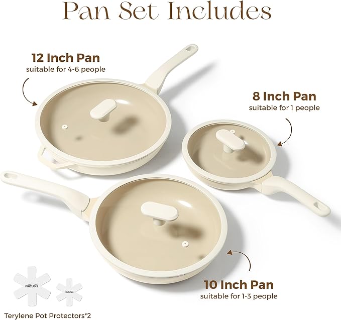 PRICUSIS 8Pcs Ceramic Nonstick Frying Pan Set with Lid, 8+10+12 Inch Induction Compatible Skillet with Stay Cool Handle, Fully Coated, 100% Dishwasher Safe, PFAS & PTFE & PFOA Free (Coconut White)