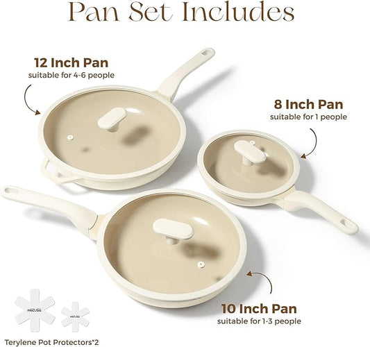 PRICUSIS 8Pcs Ceramic Nonstick Frying Pan Set with Lid, 8+10+12 Inch Induction Compatible Skillet with Stay Cool Handle, Fully Coated, 100% Dishwasher Safe, PFAS & PTFE & PFOA Free (Coconut White)