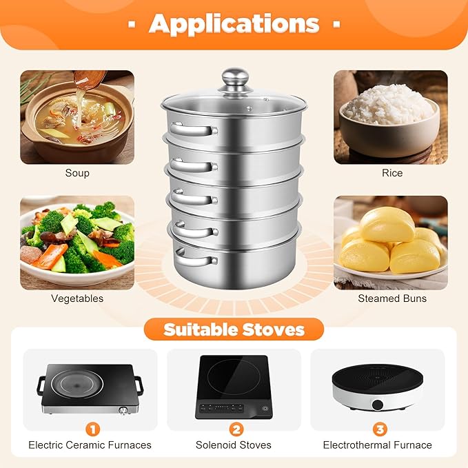 Large 5-Tier Stainless Steel Steamer Pot, Multi-Layer Stackable Food Steamer with Glass Lid, for Healthy Cooking, Steaming and Boiling, Multi-Functional Cookware (Type 3: Silver, 26cm)