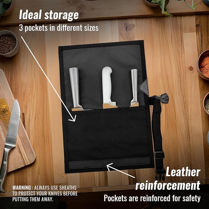 Under NY Sky Knife Roll Case - 3 Slots - Heavy Duty Oxford Canvas Pouch - Leather Reinforced - Portable Bag for Cooking Tools, Utensils, Cutlery Knives, Brushes - Chefs, Kitchen, Travel, Gift - Black