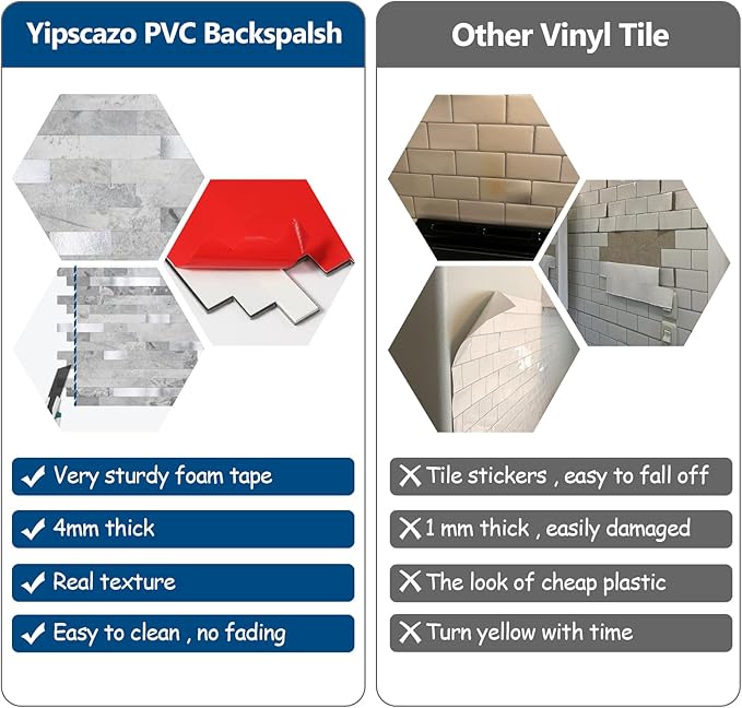 Yipscazo 20 Sheets Peel and Stick Stone Metal Backsplash, PVC Wall Tiles Stick on Tiles for Backsplash Kitchen, Bathroom, Fireplace (6'' X 12'', Gray Stone)