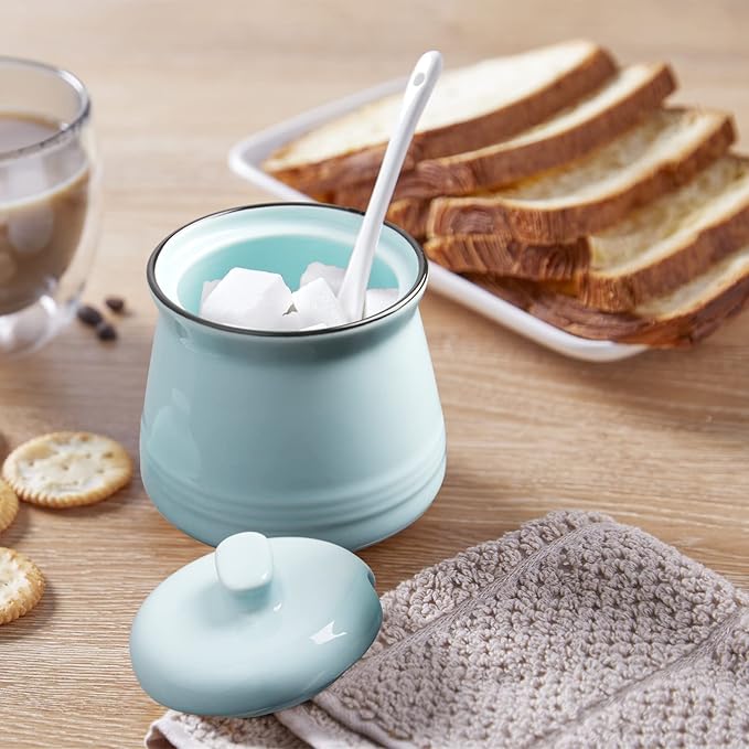 Sugar Bowl with Lid and Spoon, 12 oz Ceramic Sugar Bowl with Spoon, Sugar Container for Coffee Bar, Sugar Jar Sugar Dispenser Bowl, Turquoise Kitchen Decor and Accessories