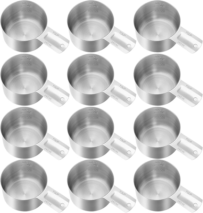 Honeydak 12 Pcs 1 Cup Measuring Cup Stainless Steel Metal Measure Scoop Single Measurement Scoop for Kitchen Coffee Wet and Dry Ingredients Dog Food