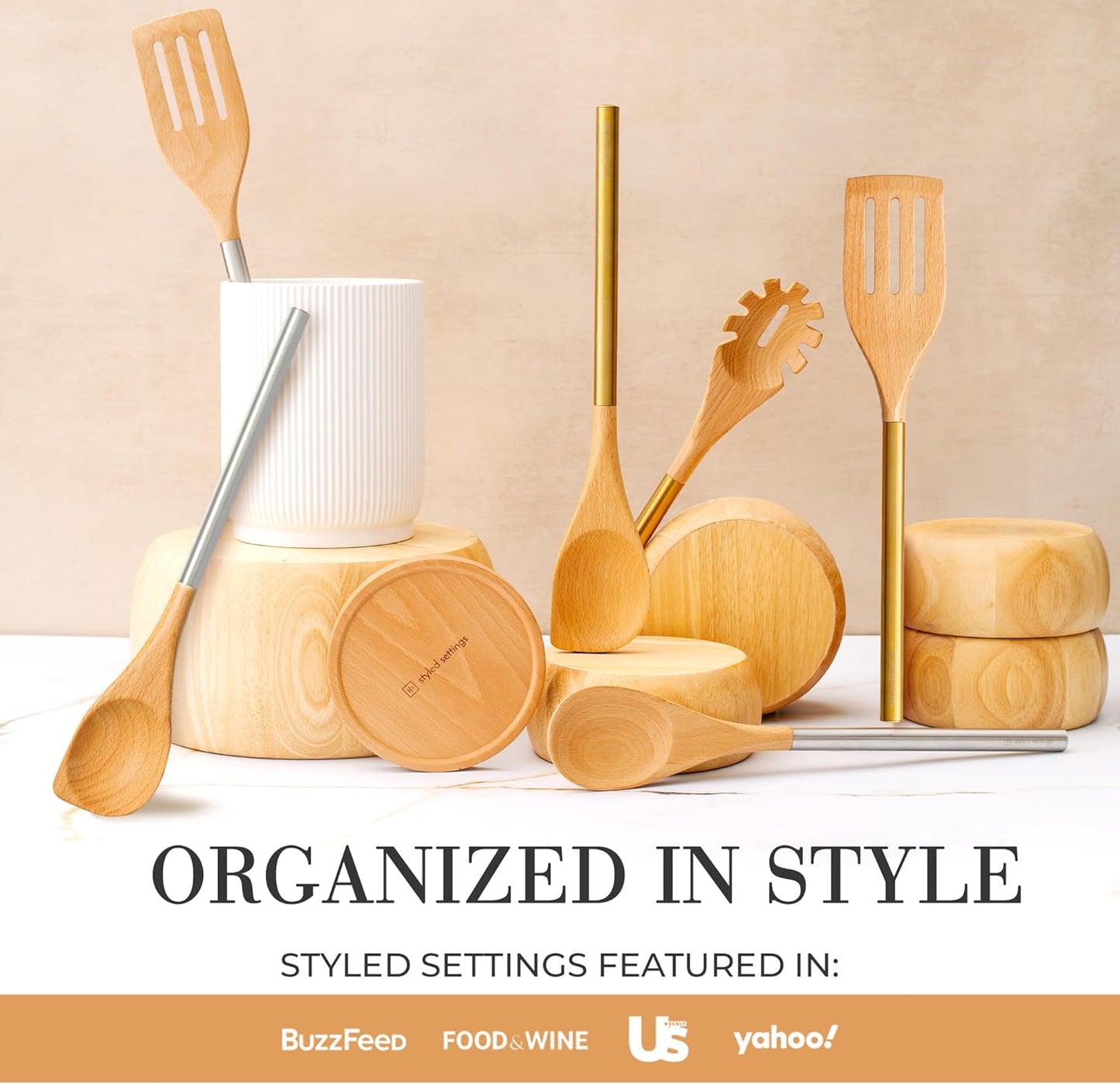 STYLED SETTINGS White Ceramic Utensil Holder with Built-In Wooden Spoon Rest –2PC Set for Kitchen Countertop Organization – Ceramic Utensil Crock & Wood Spoon Rest for Clean, Stylish Cooking