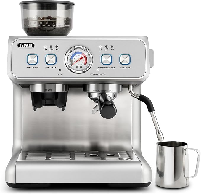 Gevi Dual Boiler Espresso Machine with Built-in Grinder, 58mm Commercial Portafilter, Barista Steam Wand, 31 Grind Settings, Stainless Steel, for Home Barista Use, Sterling Silver