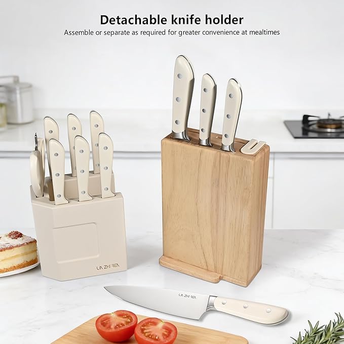 14-Piece Knife Block Set, High-Carbon Stainless Steel Dishwasher Safe Kitchen Knives Detachable Knife Holder, Includes Chef's, Santoku, Bread & Steak Knives(white)