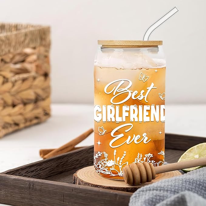 Gifts for Girlfriend 16 Oz Coffee Glass Cup with Lid and Straw & Brush Romantic Love Drinking Glasses Girlfriend Gift for Her Women Lover Valentines Day Anniversary Birthday Christmas