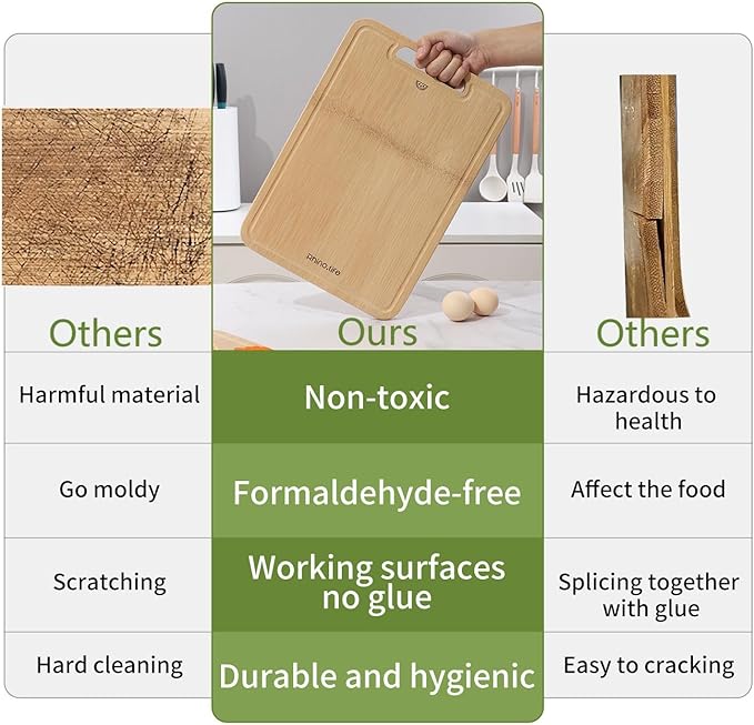 Healthy and No Glue & Organic Non Toxic Large Bamboo Cutting Board with hands for Kitchen,Plastic Free & Juice Groove, Non-solid wood Cutting Board for Meat, Vegetables and Fruits(16 * 11inch)