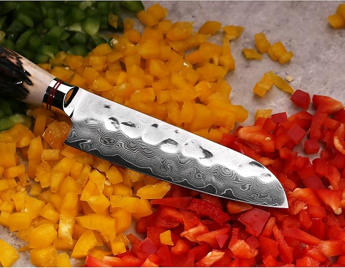 SUNLONG Santoku Knives 5 inch Japanese Hammered Damascus Natural Antlers Handle