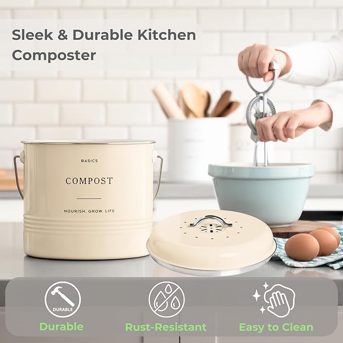 D'Lifeful Kitchen Compost Bin – 1.3 Gallon Countertop Farmhouse Compost Container with Lid – Odorless Indoor Food Scrap Pail with 6 Charcoal Filters – Eco-Conscious and Easy to Clean (Cream)
