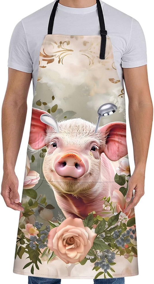 Cute Pig Apron for Women with Floral,28x33in,Farm Animal Kitchen Aprons with 2 Pockets,Oxford Fabric,Playful Retro Adjustable Apron for Cooking Baking Gardening Chef,Gifts for Mom Wife