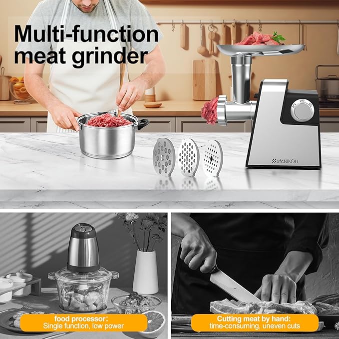 XFCNIKOU Electric Meat Grinder, 2800W Max Sausage Stuffer,Stainless Steel Meat Mincer With 2 Blades, 3 Plates, Sausage Tube And Kubbe Kit For Home Kitchen Use