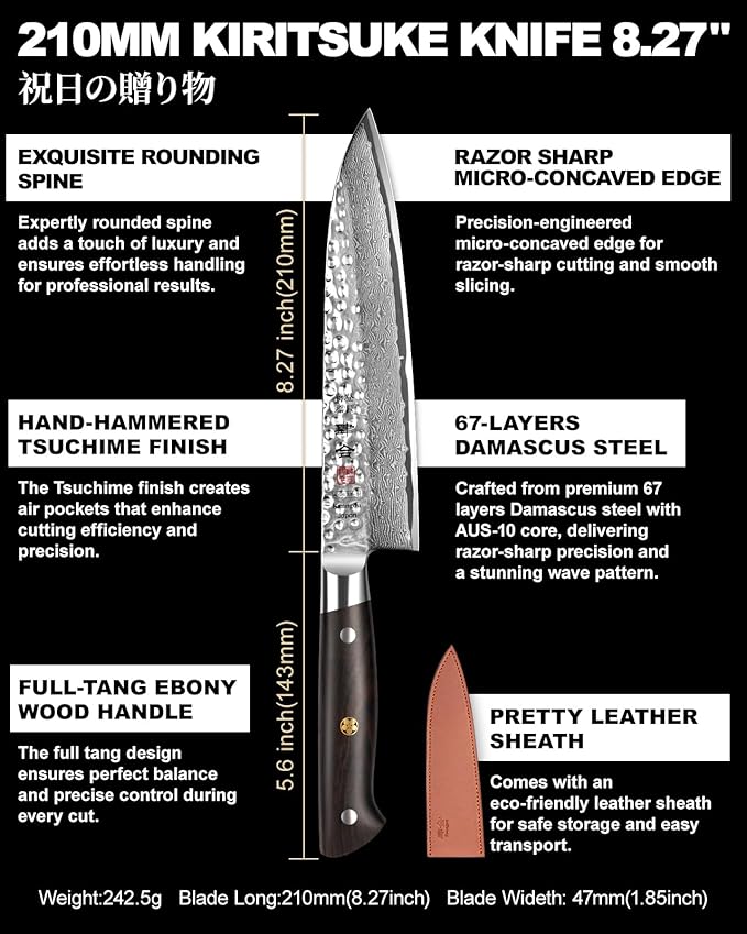 Japanese Kiritsuke Knife Chefs Knife with 67 Layers Damascus Steel AUS-10 Core, Professional Kitchen Knife with Full-Tang Ebony Wood Handle and Premium Gift Box(Hammered Damascus Series)