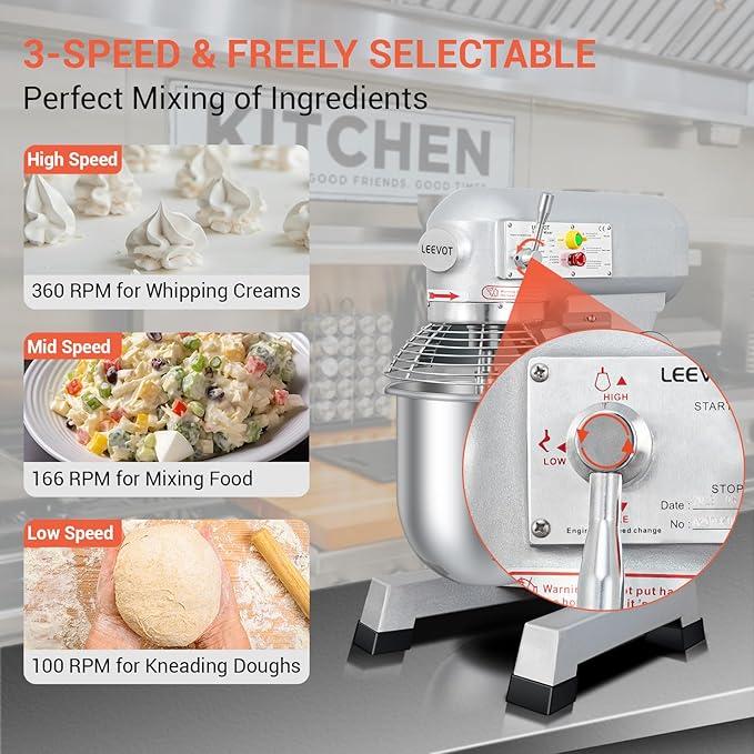 BOSBAK 20QT Commercial Planetary Stand Mixer, Heavy Duty Dough Mixer with 60-Min Timer & Splatter Guard, 3 Speeds for Kneading, Creaming, Whipping, for Bakery, Pizzeria, Restaurant