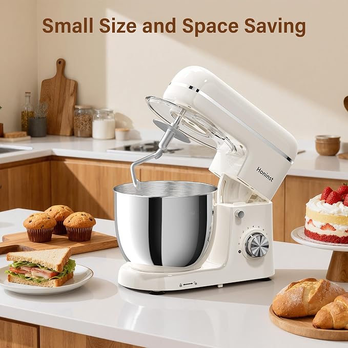 Honinst Stand Mixer, 3-In-1 8-Speed 660W 6.5QT Tilt-Head Food Electric Mixers with Bowl, Dough Hook, Whisk and Beater, Kitchen Mixer for Baking, Cake and Most Home Cooks, Beige