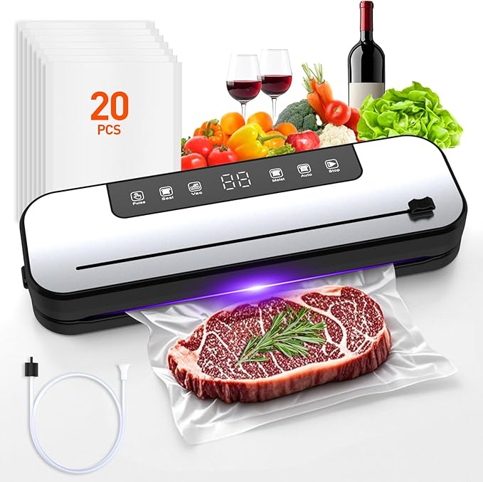 Food Vacuum Sealer Machine, 75kpa Powerful Food Saver Vacuum Sealer Machine with Cutter, 6-in-1 Automatic Air Sealing for Food Storage, Sous Vide, Meat, Vegetables, Dry/Moist Modes