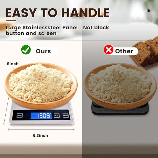 33lb Food Scale, Digital Kitchen Scale Batteries and USB Charging,1g/0.05oz Precise Graduation, Waterproof Stainless Steel with LCD Display Weight Grams and oz for Cooking Baking (Stainless Steel)