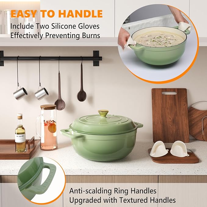 ROVSUN Enameled Cast Iron Round Dutch Oven, 7.5QT Pot with Lid &Dual Handles with Silicone Gloves,Oven Safe up to 500°F, Heavy-Duty Pre-Seasoned Cookware for Bread Baking, Braising, Stews, Roasting, Sage Green