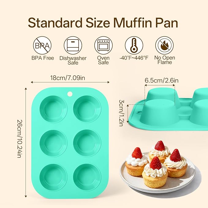 Firstfooby 2 Pack Silicone Muffin Pan for Baking, Regular Size Nonstick Cupcake Pan, 6-Cup Silicone Muffin Tin BPA Free Dishwasher Safe, Great for Muffin Cupcake Brownie Egg Tart