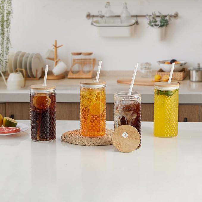 Hyperspace 4Pack Glass Tumblers with Bamboo Lids and Straws, 24 OZ Wide Mouth Mason Jar Drinking Glasses Travel Bottles with Varitey of Patterns for Multi Use
