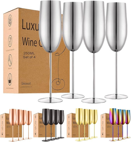 Stainless Steel Champagne Flutes Set of 4-Wedding &Birthday Gifts,8.5 Oz Unbreakable Champagne Glass with Long Stem,Reusable Indoor Outdoor Drinkware (Silver)