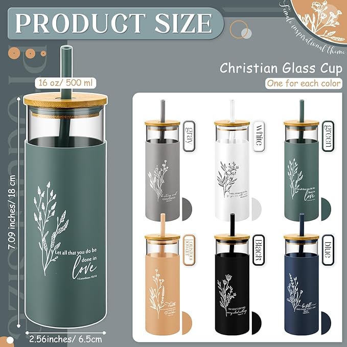 Inspirational Gifts Bulk 16 oz Glass Cups Aesthetic Can Shaped Coffee Cups with Bamboo Lid Straw Employee Appreciation Gifts for Women Teacher Nurse Office Business Favor(Christian)