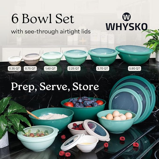 WHYSKO Mixing Bowl Set, 12 Piece Colorful Plastic Mixing Bowls with Lids Set for Food Prep Storage and Serving, Microwave and Dishwasher Safe for Kitchen Baking Cooking