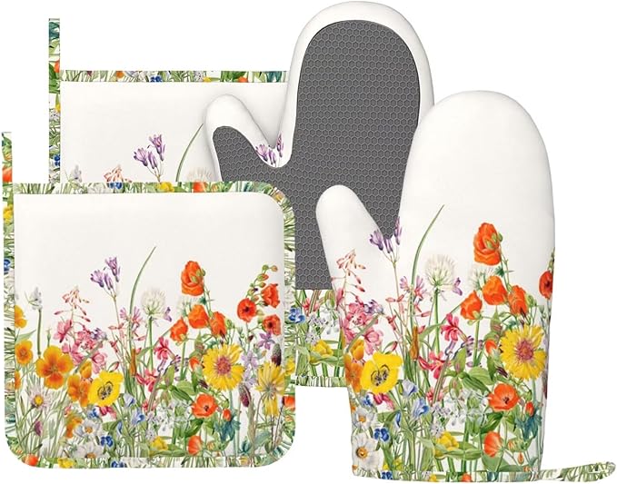 Colorful Floral Silicone Oven Mitts and Pot Holders Sets Vintage Botanical Floral Plant Kitchen Mitts Potholder Kitchen Accessories for Cooking Baking BBQ
