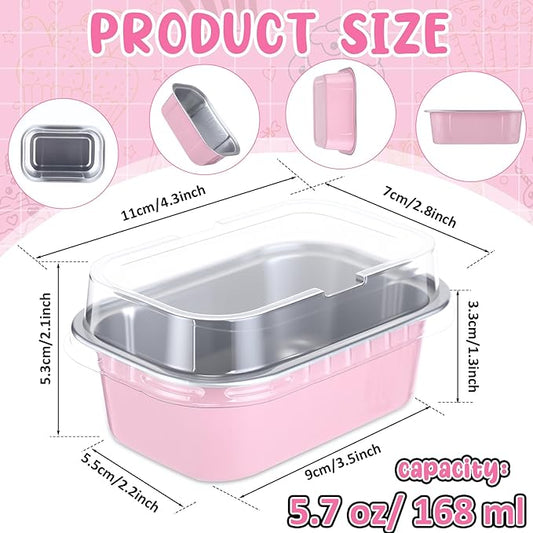 Vesici 100 Sets Mini Loaf Pans with Lids, 5.7 oz Disposable Aluminum Foil Baking Cups, Rectangle Cake Pans for Pudding Desserts Muffin Baking Storage Valentines Wedding Birthday Party(Pink)