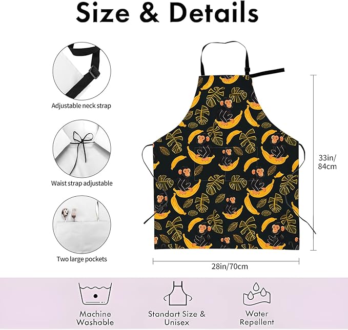 Cartoon Monkey and Banana Apron,Adjustable Waterproof Oxford Fabric Kitchen Apron with 2 Pockets for Men and Women, Cooking, Baking, BBQ, Coffee Shop, Housewarming Gifts, 28x33 Inches
