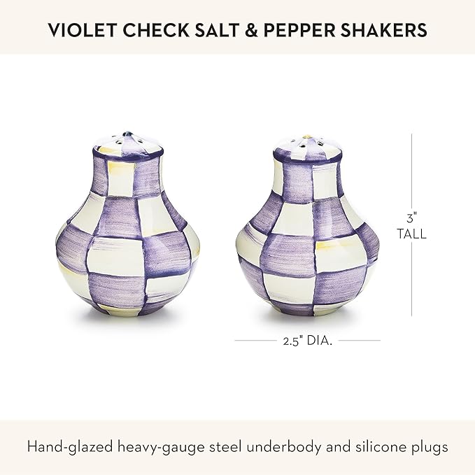 MACKENZIE-CHILDS Enamel Salt and Pepper Shakers, Kitchen Table Accessories, Purple-and-White Violet Check