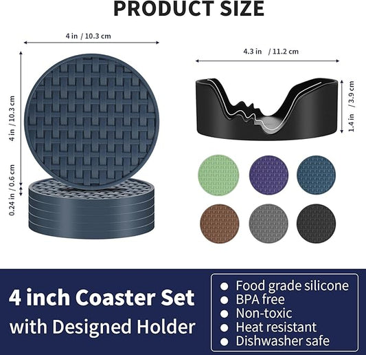 4 Inch Drink Coasters Set of 6, Blue Silicone Heat Resistant Mats, Waterproof Non-Stick Cup Pads, Ideal for Coffee Mugs, Beverage Cups - Home Office & Kitchen Use