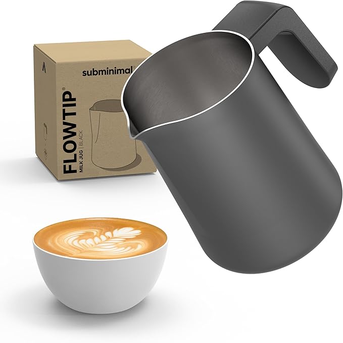 Subminimal FlowTip Milk Jug - Stovetop Milk Frothing, Foaming Pitcher for Barista-Style Coffee - Cappuccino & Latte Art Pouring Jug with Heat Resistant Handle - 450ml, Black
