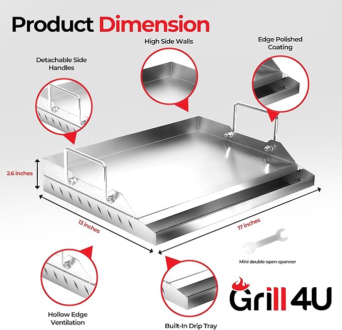 Universal Griddle for Gas Grill, 17" x 13" x 2.6" | Stainless Steel Griddle Pan for Breakfast & BBQ, Nonstick Flat-Top with Even Heat Distribution & Grease Groove - Ideal for Outdoor Cooking & Camping