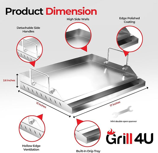 Universal Griddle for Gas Grill, 17" x 13" x 2.6" | Stainless Steel Griddle Pan for Breakfast & BBQ, Nonstick Flat-Top with Even Heat Distribution & Grease Groove - Ideal for Outdoor Cooking & Camping