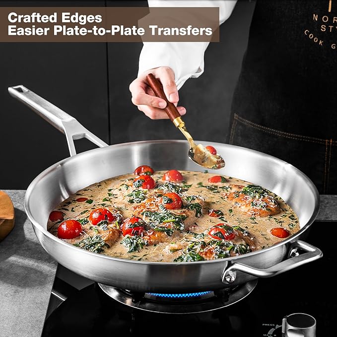 Yeksum 12-Inch Tri-Ply Fully Bonded Stainless Steel Frying Pan with Tempered Glass Lid | Chef's Skillet, Induction Compatible, Dishwasher & Oven Safe
