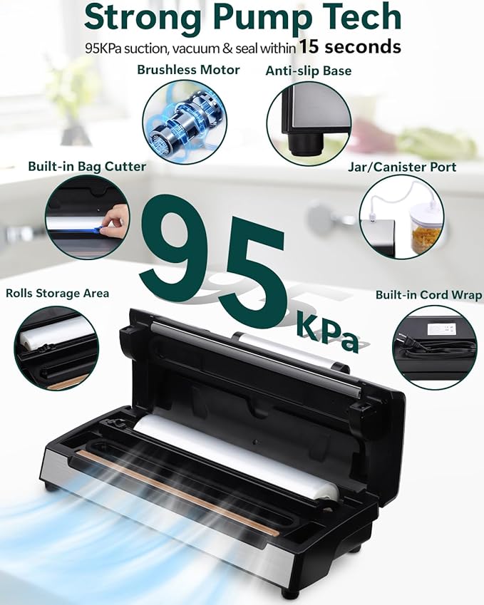 Vacuum Sealer Machine, 8 in 1 Multi-function Dry/Moist Modes For Food Preservation, Powerful Food Sealer with Built-in Cutter and Bag Storage | VS5738