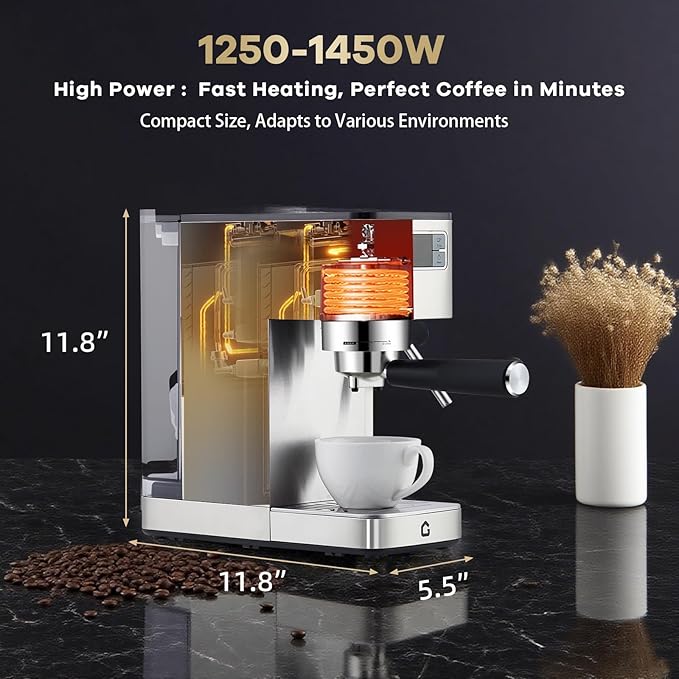 Takywep 20 Bar Professional Espresso Machine with Steam Milk Frother, Stainless Steel Home Coffee Maker, Compact for Kitchen Counter with Removable Water Tank, Silver