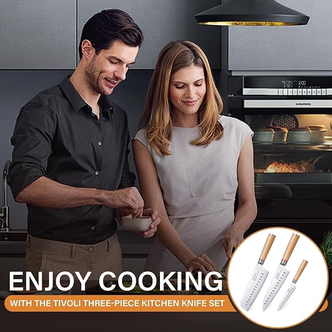 TIVOLI 3 PCS Kitchen Knife Set, High Carbon Stainless Steel Cutlery Knife Set, Ergonomic Wood Handle, Professional Chef Knife Set Gifts For Cooks, Beige
